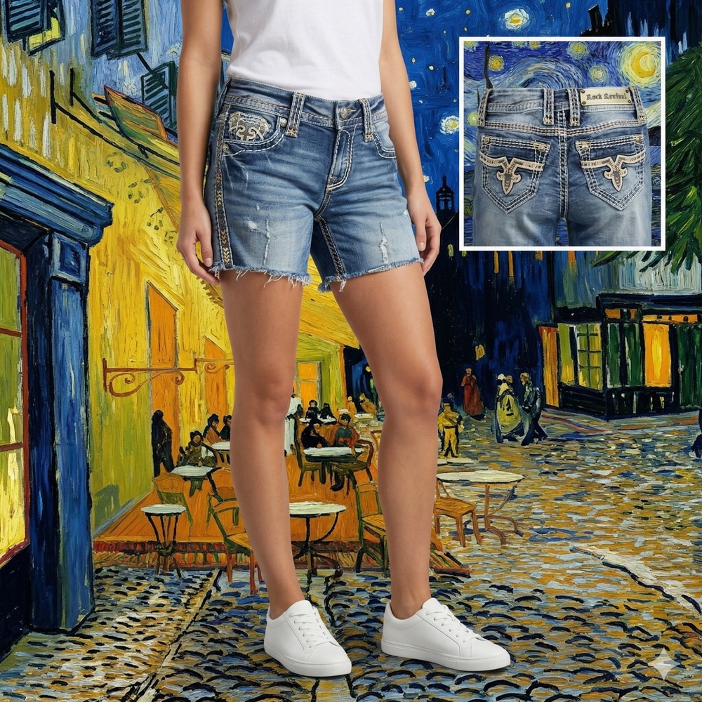 Rock Revival Jacklyn Cutoff Denim Shorts Size 24 Blue Distressed Fleur De Lis